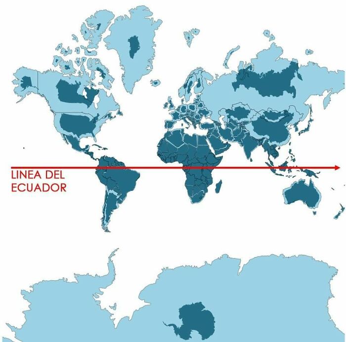 En azul claro, los países como los conocemos en el mapa. En azul oscuro, el tamaño real de cada país