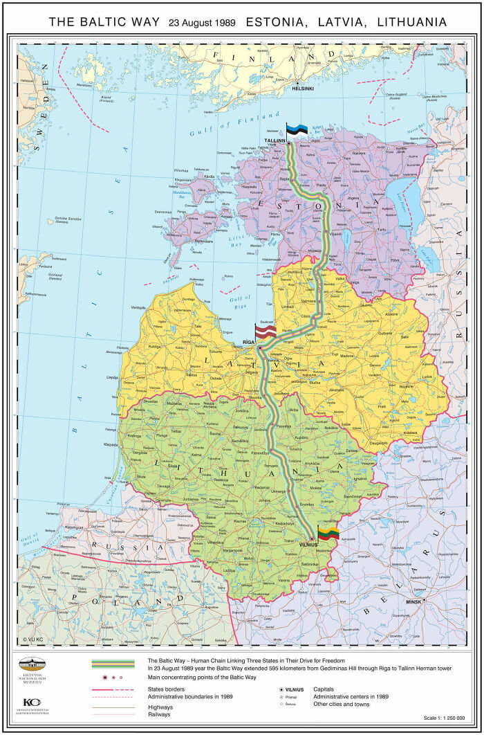La cadena báltica: en 1989 2 millones de personas unieron sus manos para formar una cadena humana de 675 kms cruzando los 3 países bálticos