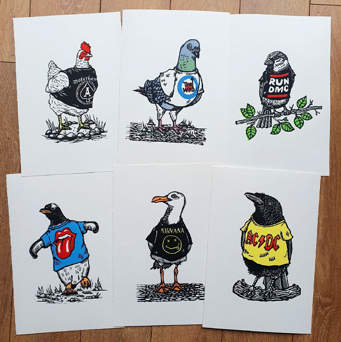 My Collection Of Birds Wearing Band T-Shirts With Linocut Prints