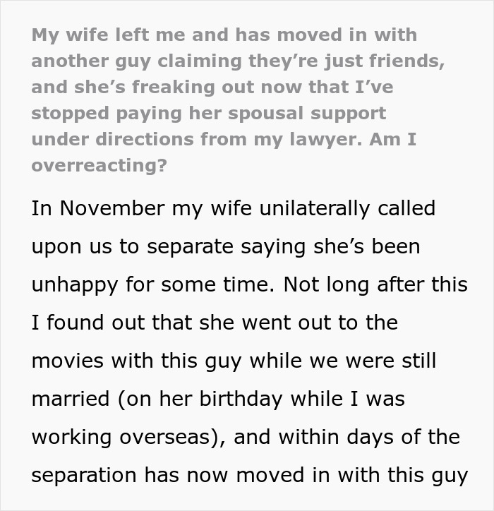 Woman Leaves Husband For Another Man, Is Shocked When He Stops Paying Spousal Support