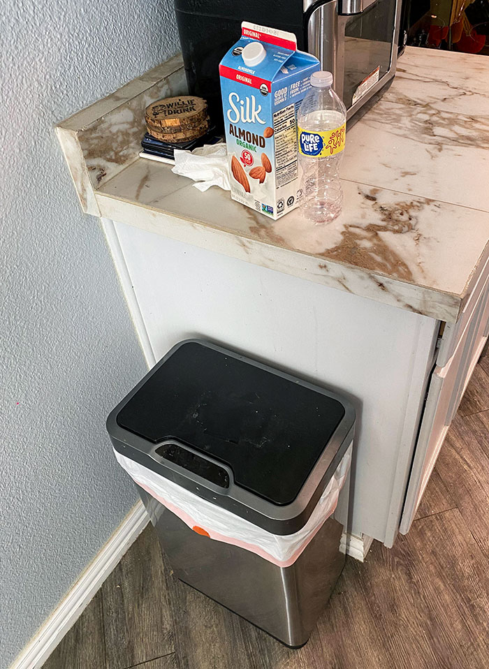 Girlfriend Will Put Trash On The Counter By The Trash Can Because She Thinks That The Trash Is Too Gross To Touch, Even Though We Have An Automatic Lid