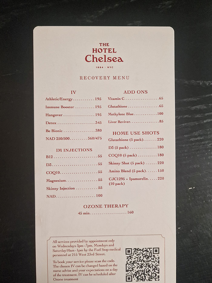 My Hotel's Room Service Menu Includes IV Drip And Ozone Therapy