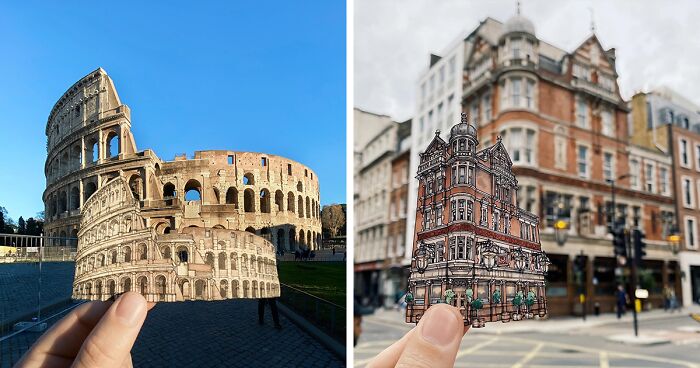 Artist Drew 50 Iconic Landmarks And Photographed Them With Their Real-World Matches