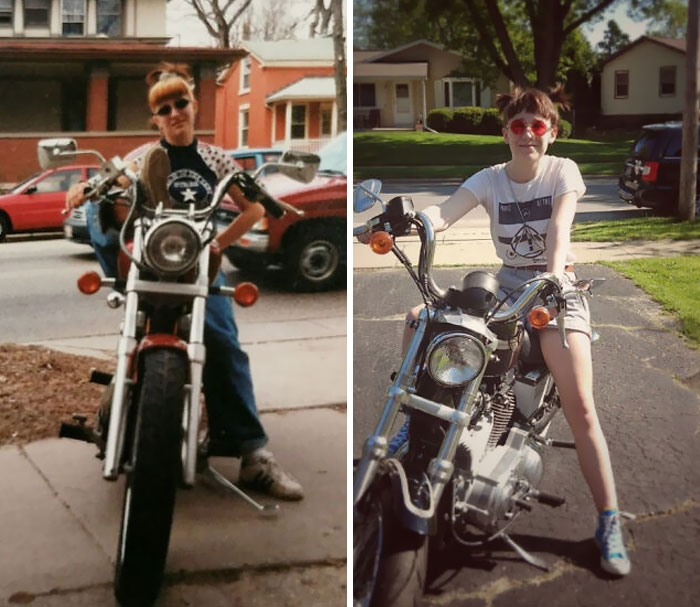 Me In 1996 On My Motorcycle And My Kid Recreating It In 2018