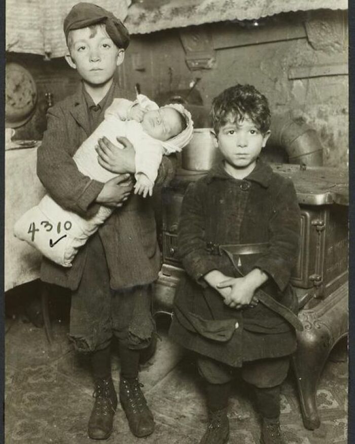 Portrait Of 2 Lads With Their Baby Sibling Taken In Manhattan, New York Circa 1918