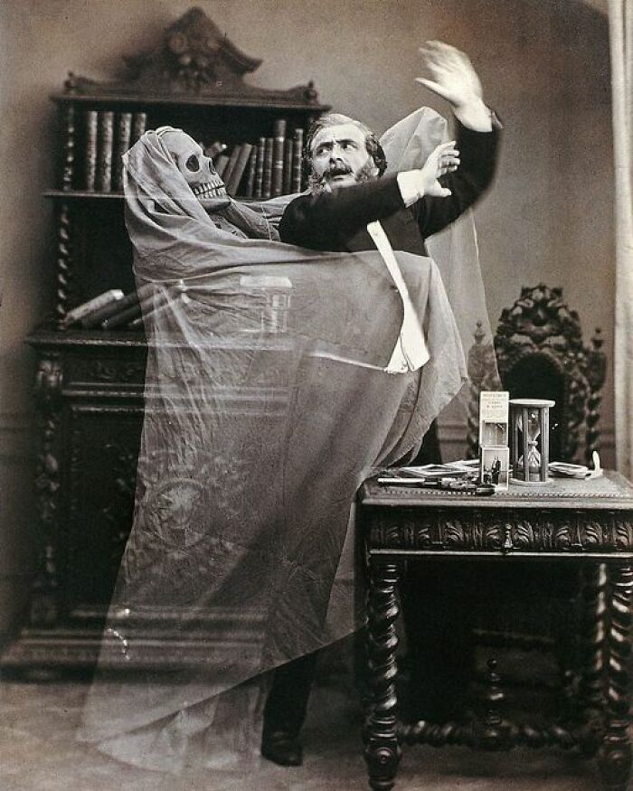 Double-Exposed Photograph Of French Illusionist Henri Robin With A Ghost⁣. Photo: Eugène Thiébault, 1863