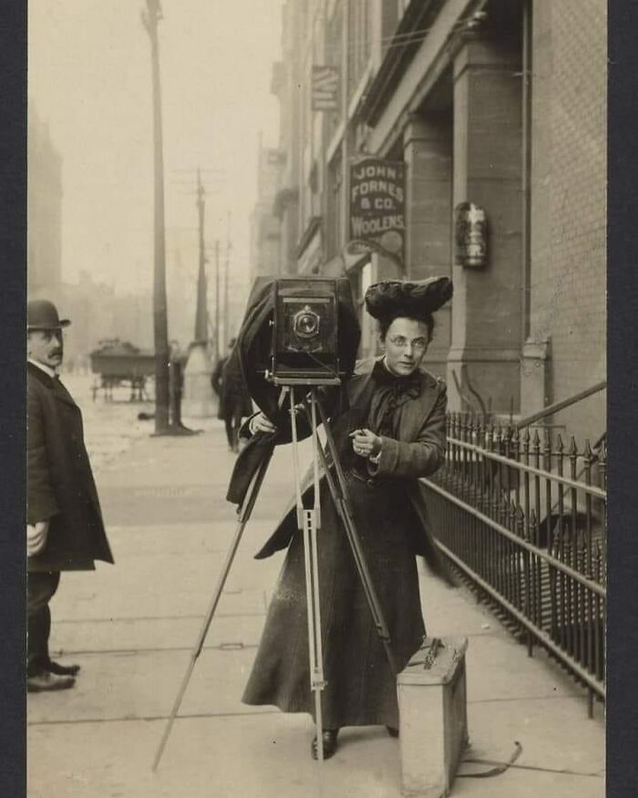 Portrait Of American Pioneering Female Photographer, Jessie Tarbox Beals (1870-1942) Posing With Her Camera On The Streets Of Manhattan, New York Circa .1901