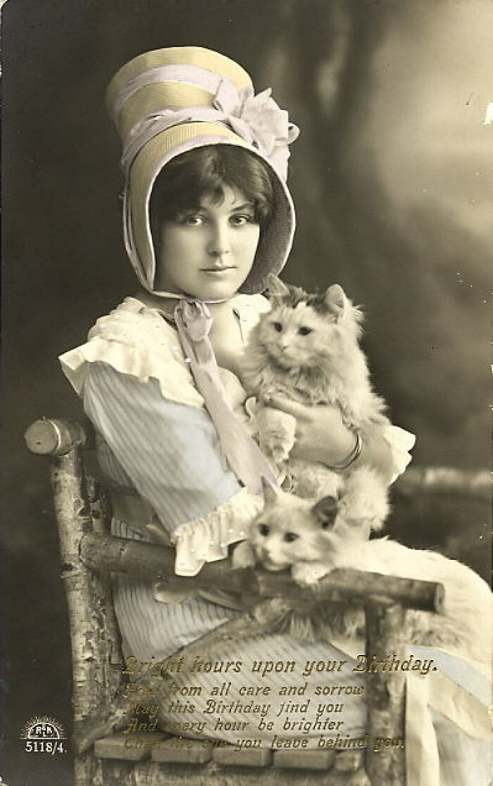 French Postcard Of Edwardian Era Lady With Her 2 Puddy Cats