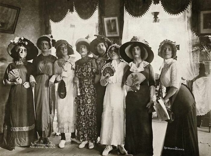 A Line Up Of Men Dressed As Ladies In Brazil C 1913