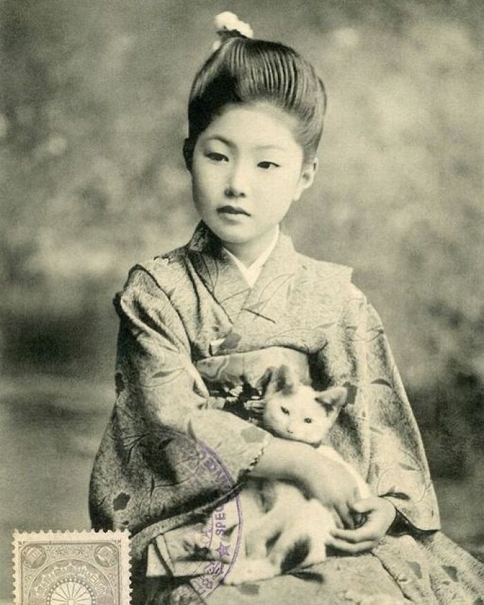A Japanese Postcard Of A ‘Bijin’ (Beautiful Person) With Her Kitten. Circa 1907