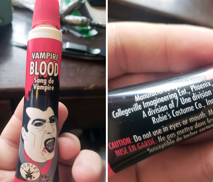 Fake Blood That's Unsafe For The Mouth Is Clearly Advertised In The Mouth On The Package