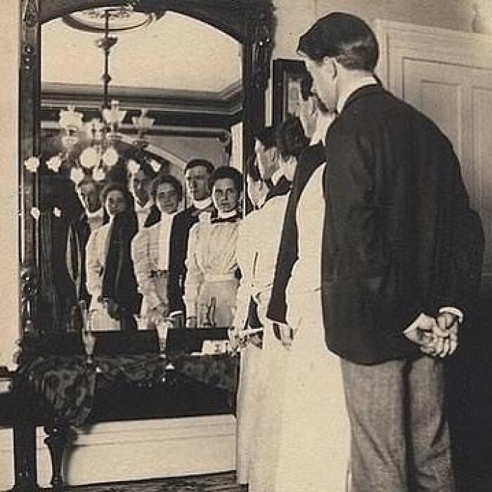 Three Edwardian Couples Doing ‘Selfies’ In The Mirror. Location Unknown Circa 1900s