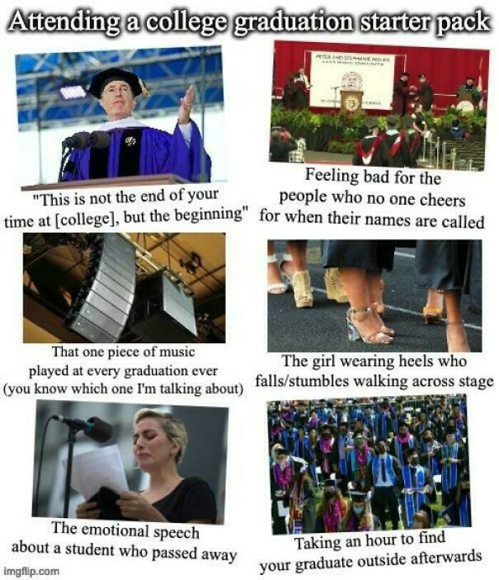 College graduation starter pack with humorous and accurate depictions of common experiences.