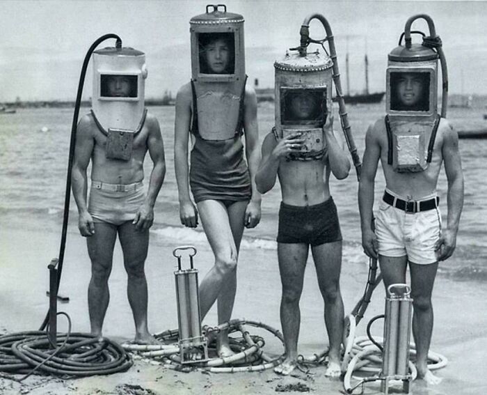 Boys In Los Angeles Show Off Diving Helmets Made From Sections Of Hot Water Heaters, Boilers And Other Junk, 1933