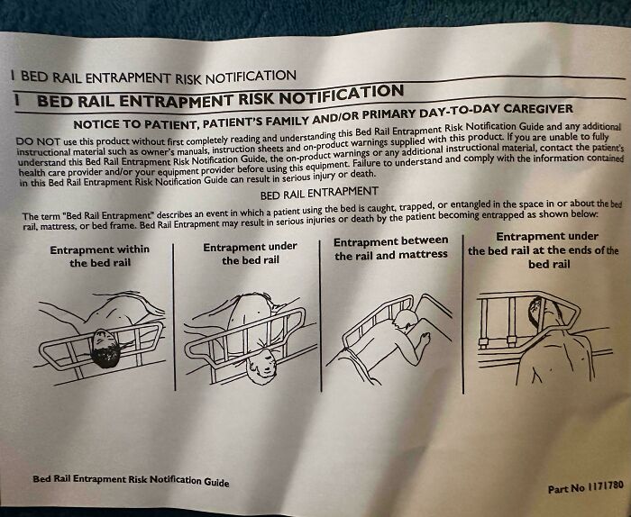 I Got My Mom A New Mattress For Her Hospital Bed. It Came With A Booklet Of Bed Rail Risks. This Is The First Page