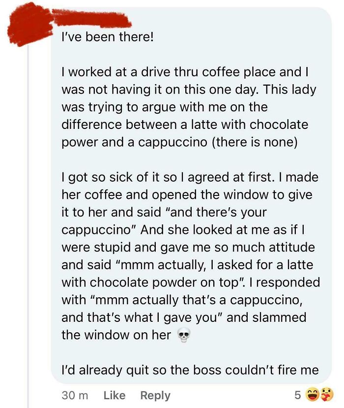 Text post about overly confident incorrect people, discussing a drive-thru coffee experience.