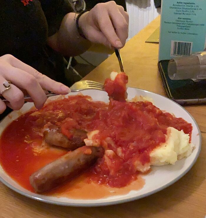 My In-Laws Seem To Think Tinned Tomatoes And Mash Is A Normal UK Meal. I Disagree So Much. What Are Your Thoughts On This Monstrosity?