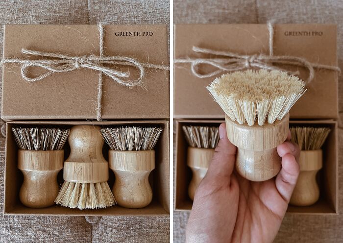 This Bamboo Scrub Brush Set Adds A Touch Of Class To Your Washing Up Area