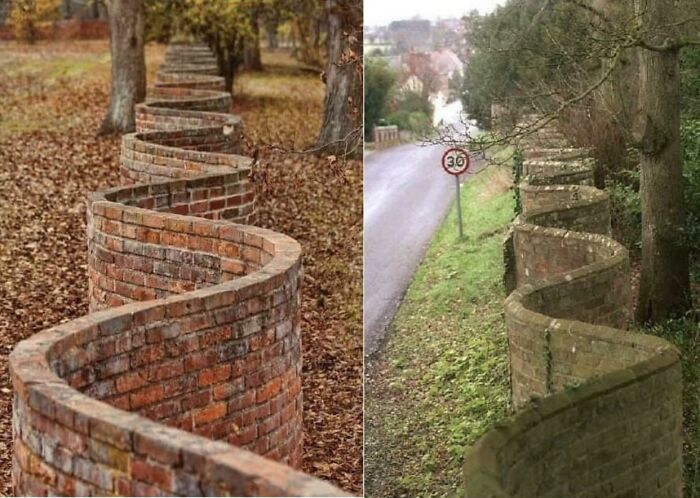 In England You Sometimes See These "Wavy" Brick Fences. And Curious As It May Seem, This Shape Uses Fewer Bricks Than A Straight Wall. A Straight Wall Needs At Least Two Layers Of Bricks To Make Is Sturdy, But The Wavy Wall Is Fine Thanks To The Arch Support Provided By The Waves