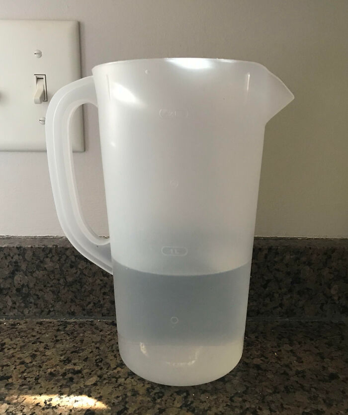 In An Effort To Have Less Water Waste, I Started Keeping This Pitcher On The Counter. Water From Leftover Drinks Goes In Here And Then I Use It To Water My Plants