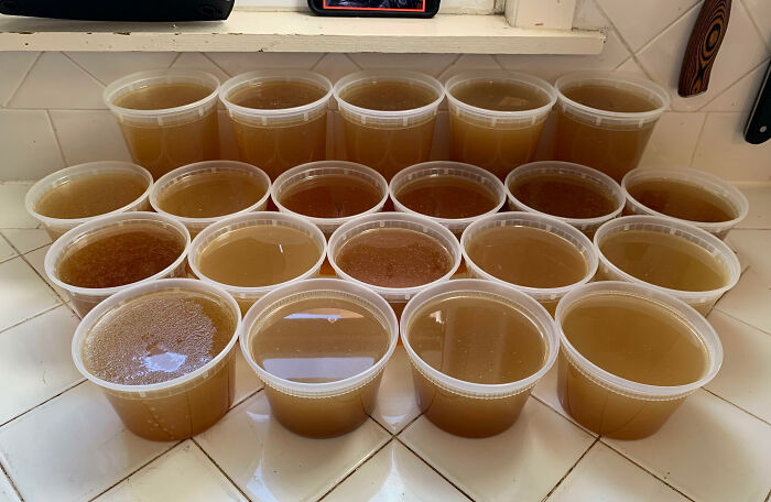 Been Buying Whole Chickens And Whole Veggies Instead Of Pre-Cut And Bagged Ones. Saved The Bones And Scraps For 3 Months In The Freezer And Decided To Make Chicken Stock