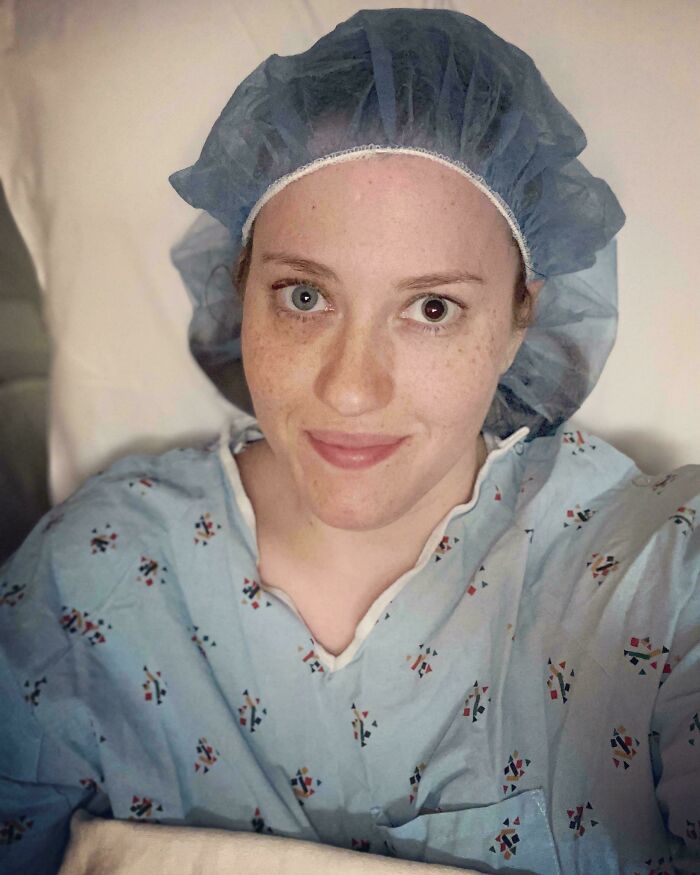 Patient in hospital gown and cap, highlighting fascinating medical case and appreciation of the human body.