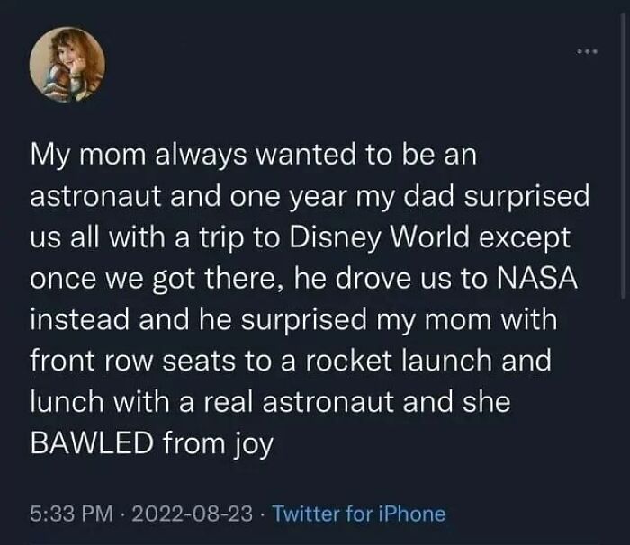 Wholesome post about a mom's surprise trip to NASA, front row rocket launch, and meeting an astronaut, bringing her to tears.