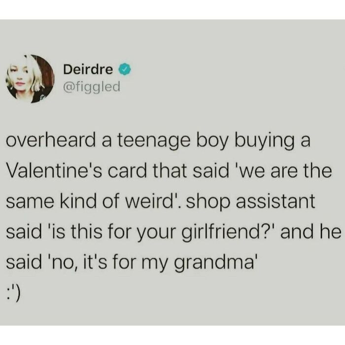 Wholesome tweet about a boy buying a Valentine's card for his grandma, spreading joy and positivity.