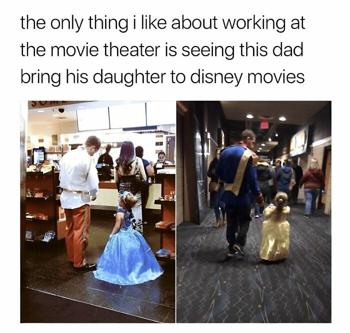 Dad and daughter dressed as Disney characters at movie theater for a wholesome outing.