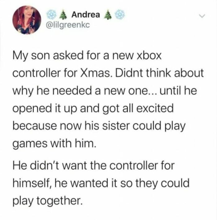 Heartwarming story of a boy sharing a new Xbox controller with his sister for Christmas.