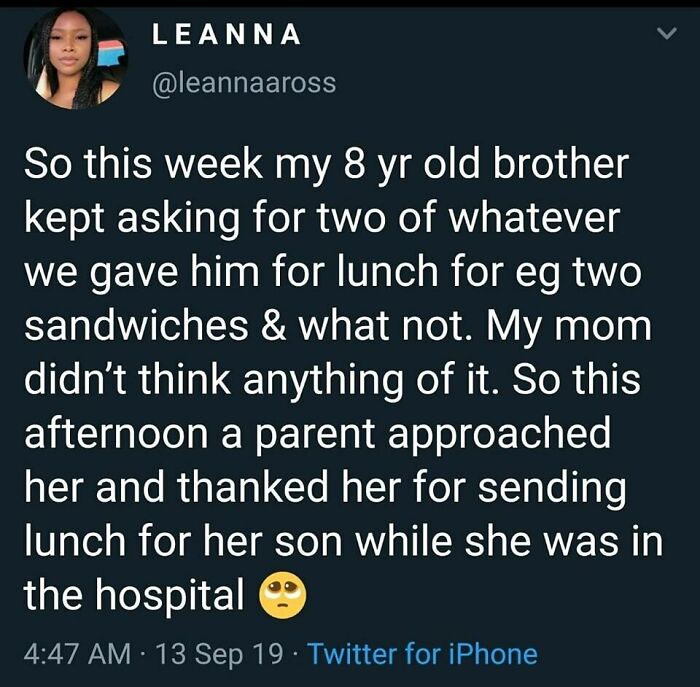 Wholesome tweet about an 8-year-old sharing lunch with a friend whose mom is in the hospital.