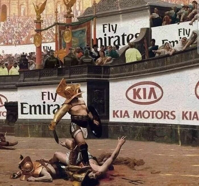 Ancient gladiators with modern ads in arena, illustrating humans of capitalism.