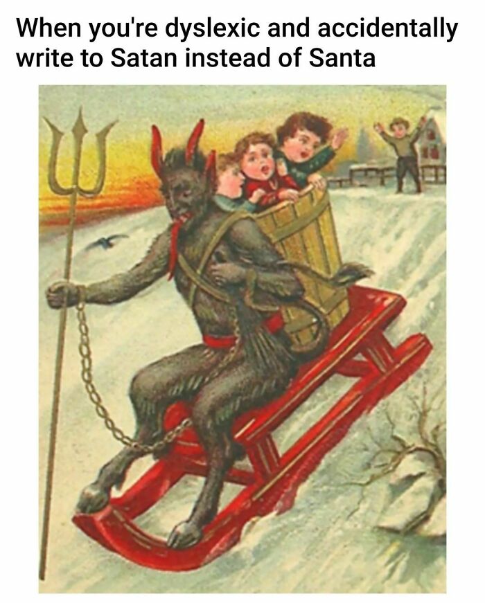 Art meme featuring a devil figure on a sled with kids, humorously captioned about confusing Satan and Santa.