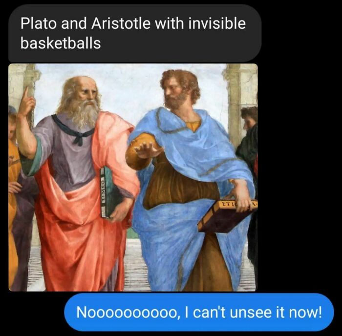 Great works of art meme with Plato and Aristotle playing invisible basketball.