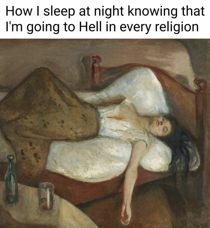 Great work of art meme showing a person sleeping peacefully in bed, with humorous text about going to hell in every religion.