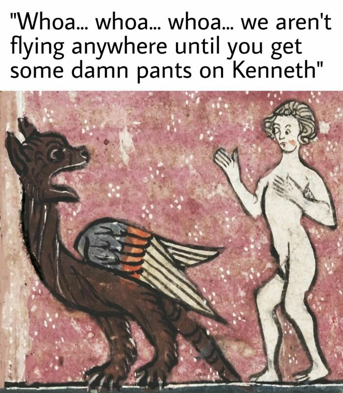 Medieval art becomes a meme with a dragon and a naked figure, highlighting humor on framed masterpieces.