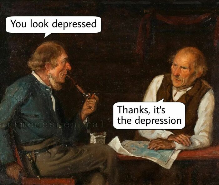 Great work of art turned into a funny meme featuring a humorous conversation between two men.