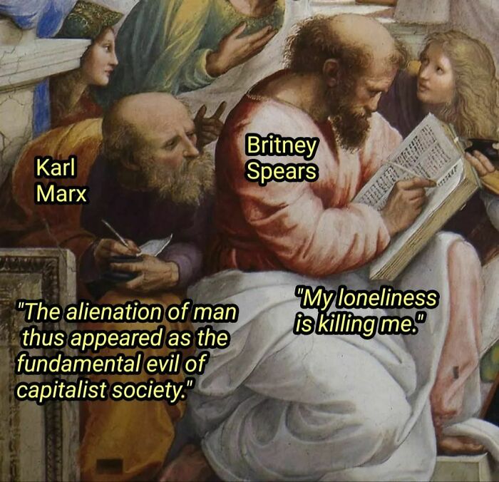 Classic artwork featuring humor with Karl Marx and Britney Spears quotes added as text.