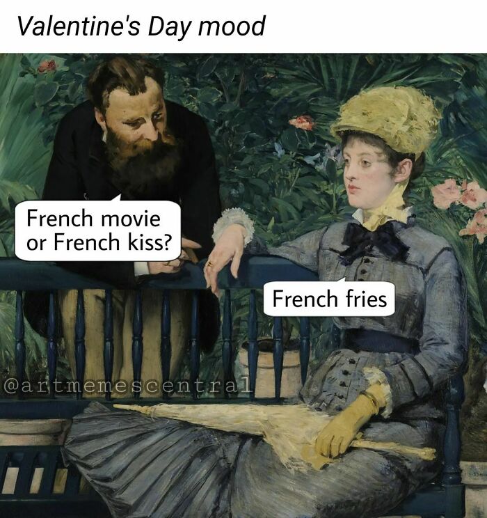 Classical art painting meme with funny Valentine's Day captions about French options.