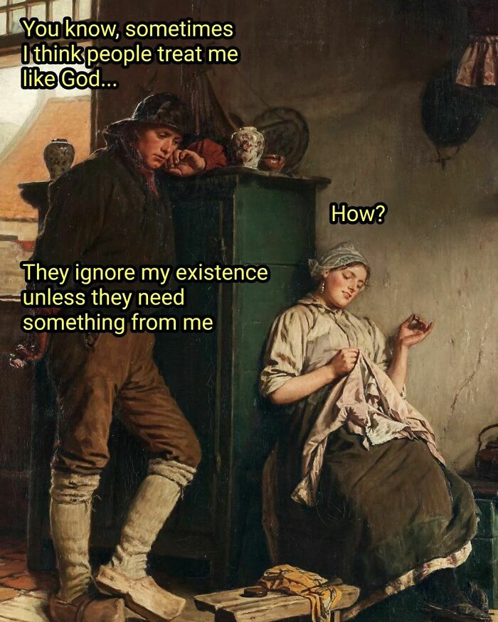 Great works of art meme depicting a humorous conversation between a man and a woman in a classic setting.