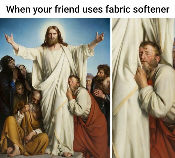 Great artwork with a humorous meme text about fabric softener, illustrating a funny scene of people around a central figure.