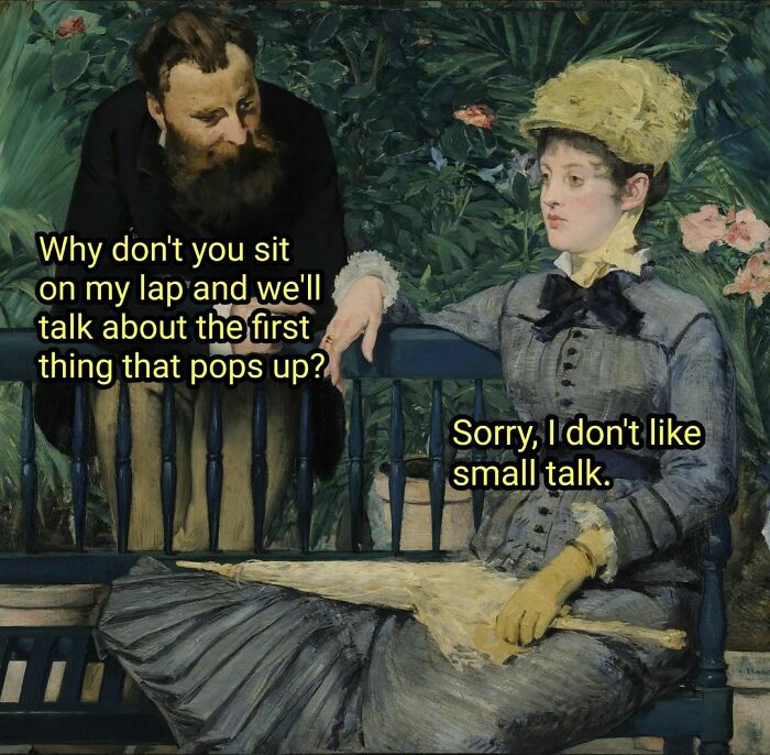 Great works of art meme with a man and woman on a bench, featuring humorous text exchange.