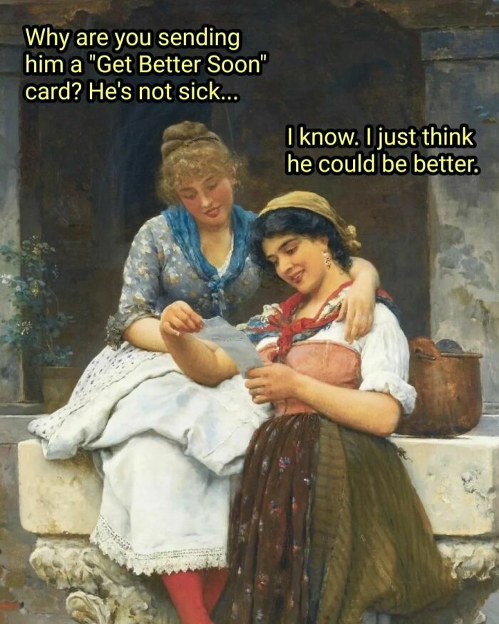 Two women from a classic art piece exchange a humorous meme about sending a "Get Better Soon" card.