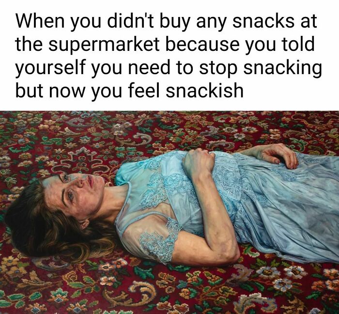 Great work of art used as a hilarious meme about regretting not buying snacks at the supermarket.