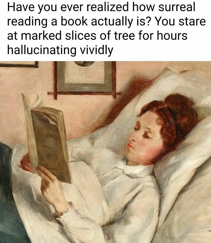 A woman reading in bed featured in a meme, humorously showcasing art as a perfect canvas for funny commentary.