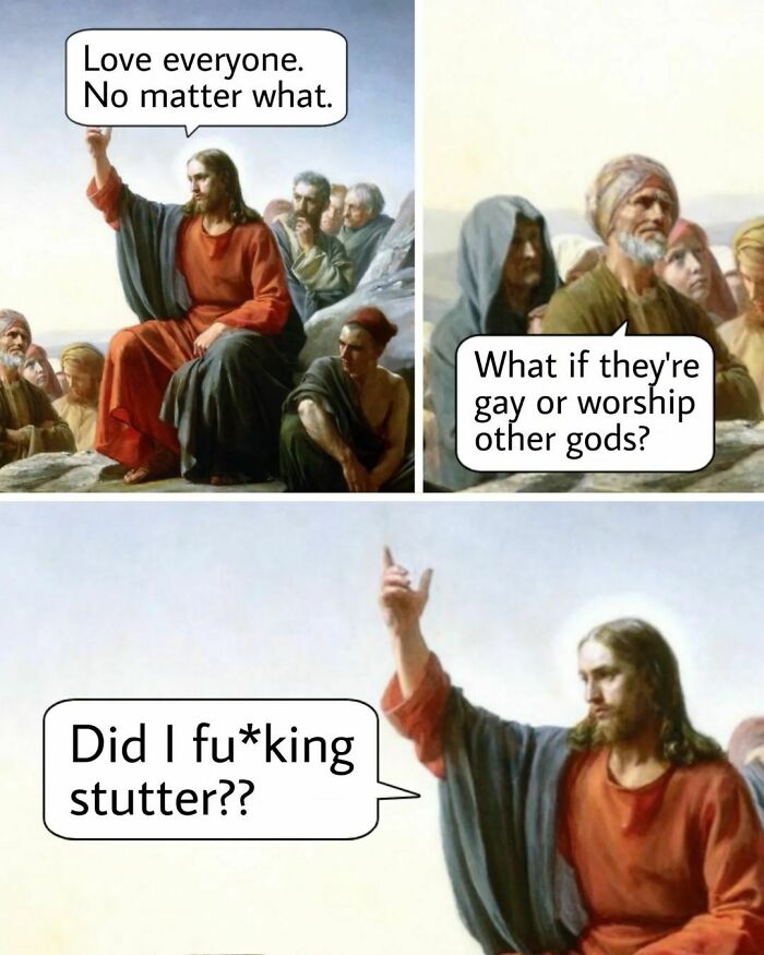 Classic painting meme shows humorous dialogue with religious figures.