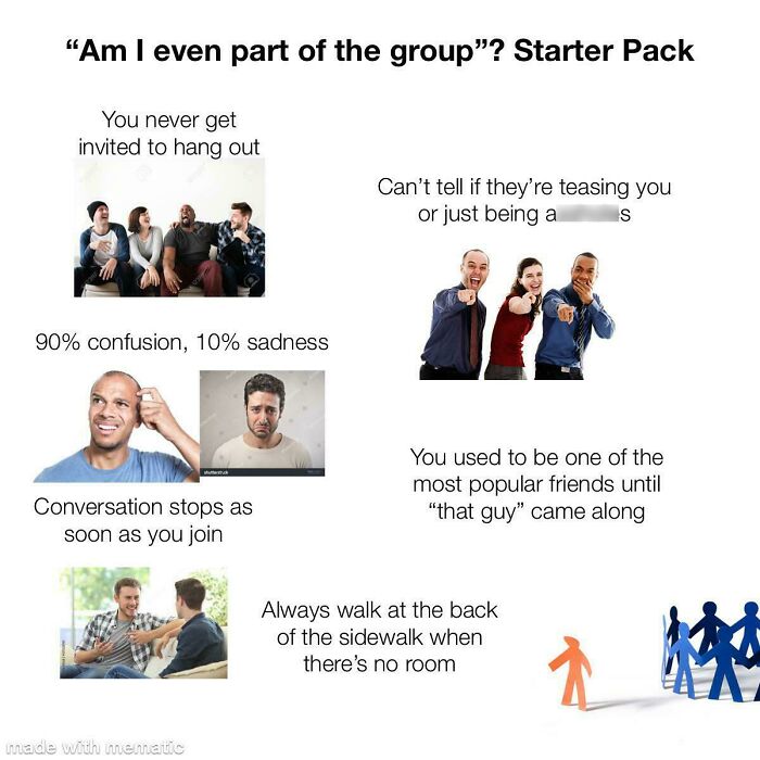 Funny "Am I even part of the group?" starter pack highlighting social awkwardness and feeling left out in groups.