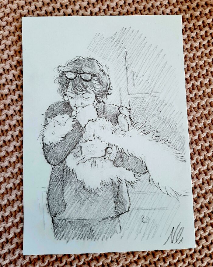 He dibujado a mi madre y su gato para el día de la madre