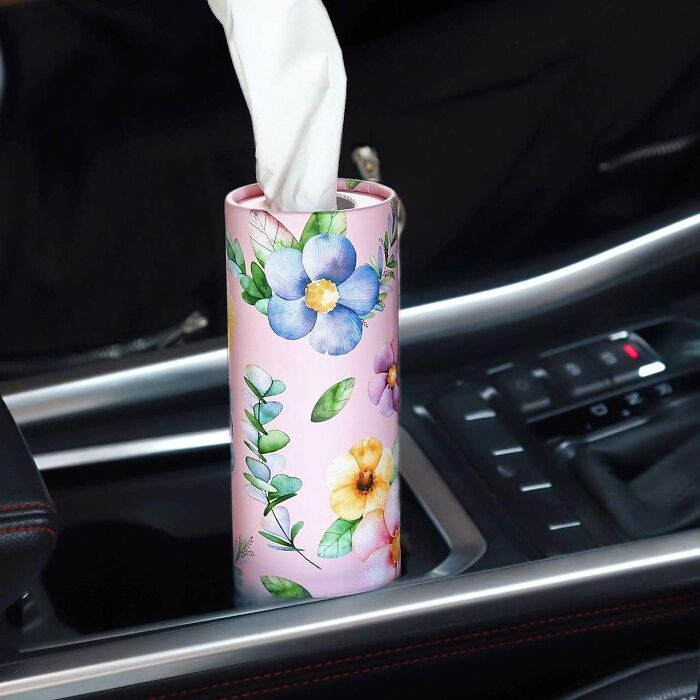 This Chic Car Tissues Holder Design Fits Perfectly Into Your Cup Holders Or Door Compartment