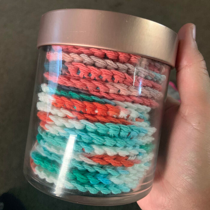 My Aunt Requested Crochet Face Scrubbies To Replace Cotton Pads. She Asked For 24, So I Put Them In A Repurposed Candle Container